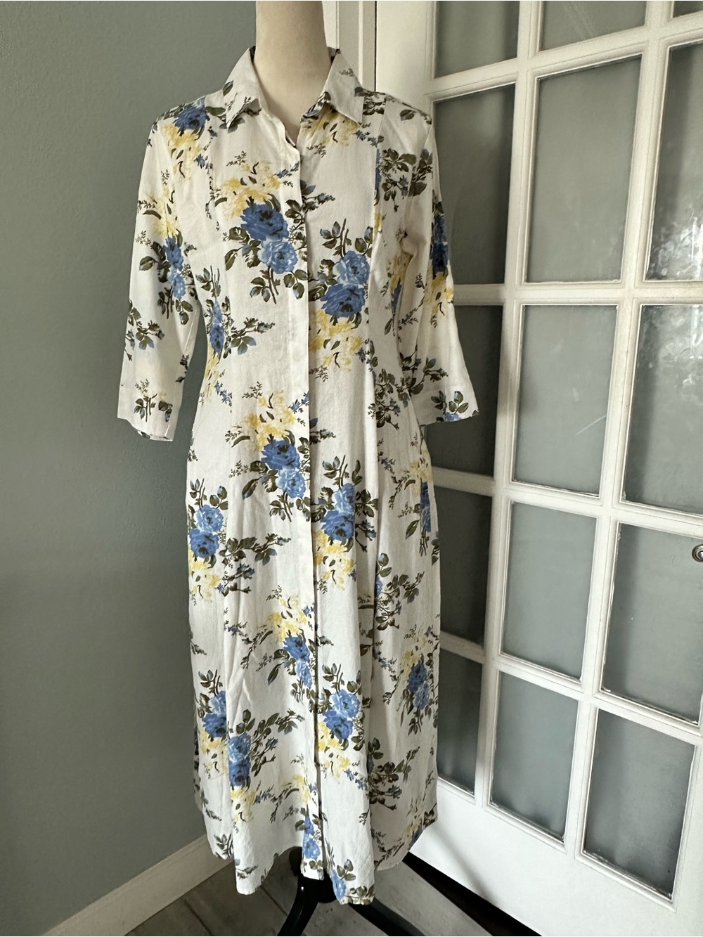 Laura Ashley White Midi Shirt Dress with Blue and Yellow Floral Print